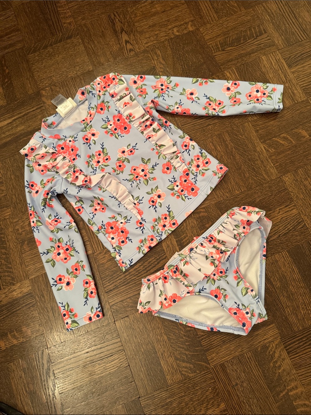 Girls size 3T Floral Ruffle Rash Guard Set - Light Blue